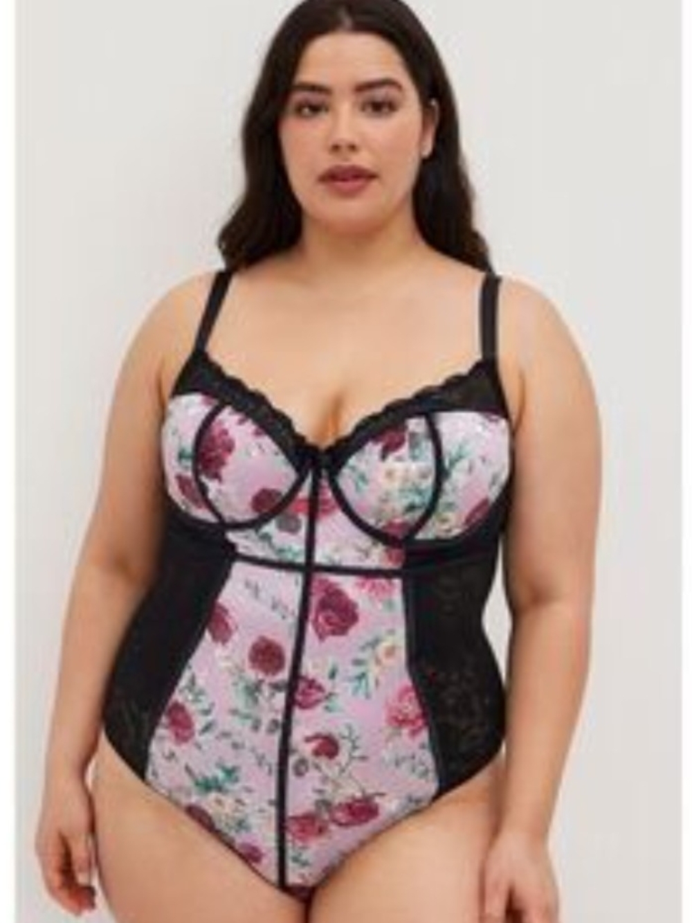 Torrid Curve Floral Lace-Trim Bodysuit in Pink and Black- Sz 4